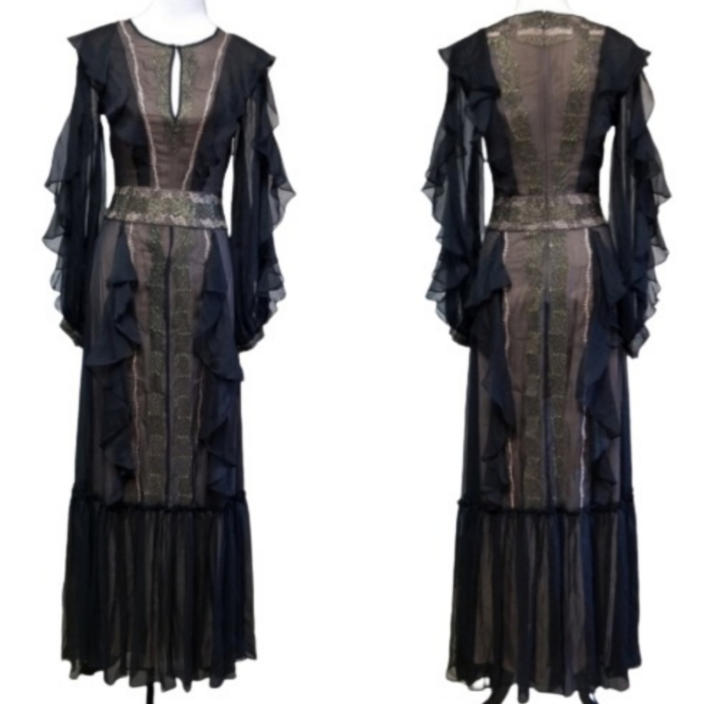🆕️⬇️🎉HOST PICK🎉 BCBGMaxAzria Chiffon Embroidered Ruffle Maxi Dress - Picture 2 of 9